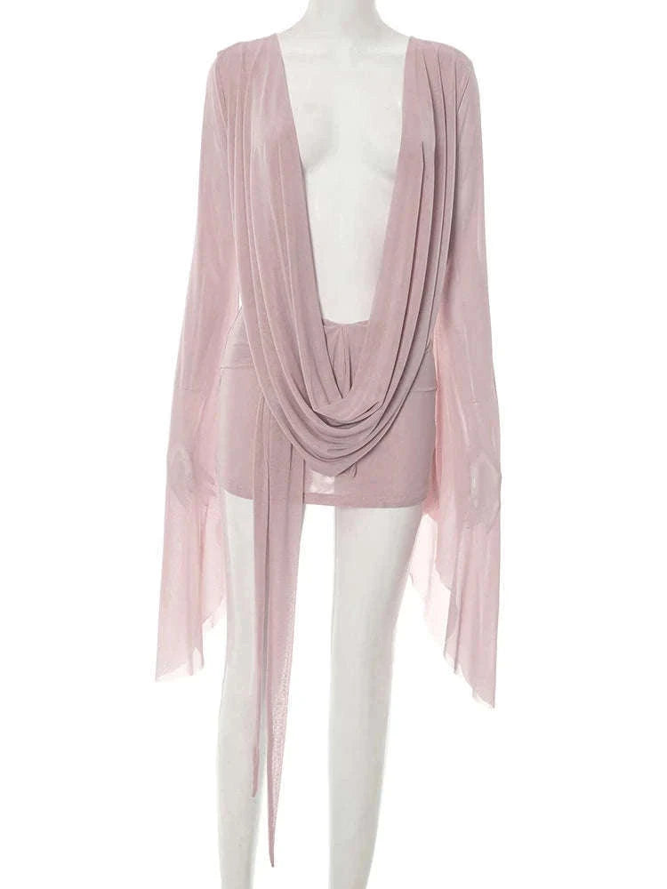 Halter Backless Sheer Mini Dress with Long Sleeves Bodycon Fit-Brown / M