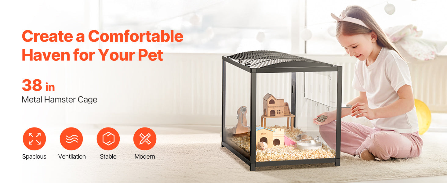 SucceBuy 37.8 x 18.5 x 21.7 inch Hamster Cage 360° Viewing Transparent Hamster Habitats with Front Door for Rats, Guinea Pigs