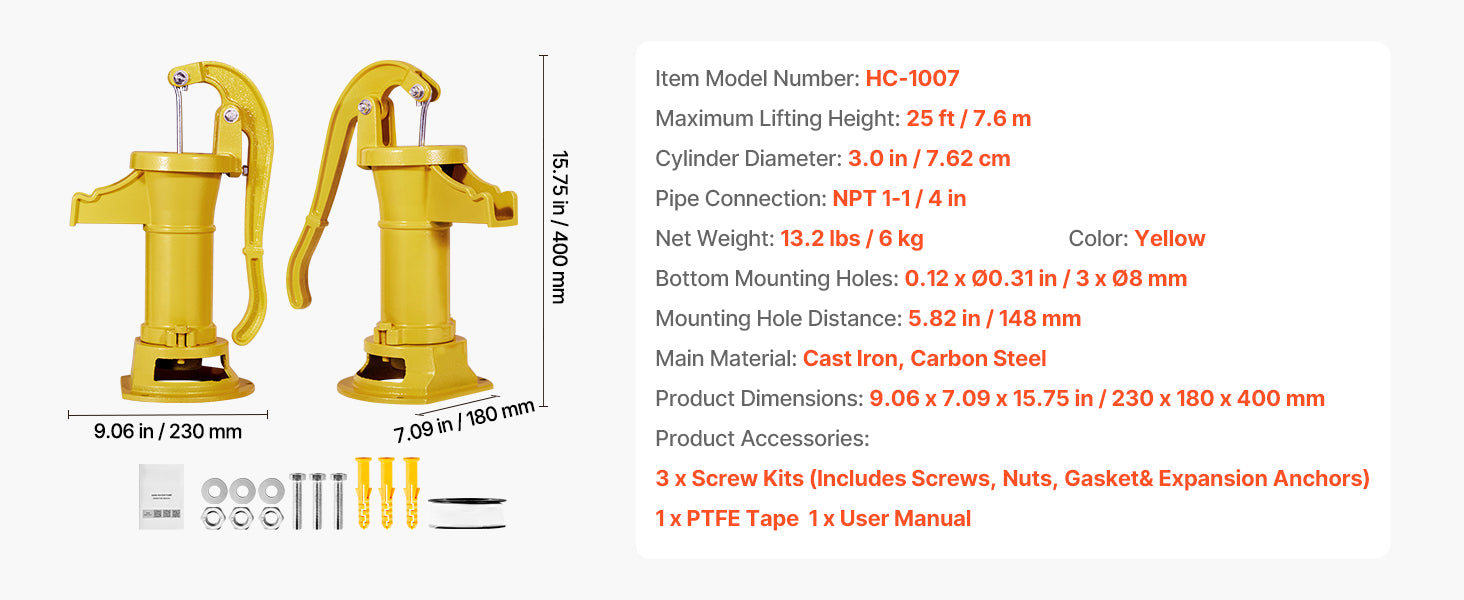 SucceBuy Handpump för kanna 25 ft maximal lyfthöjd gjutjärn NPT 1-1/4 in anslutning för trädgårdsdamm gård röd/svart/gul/grön