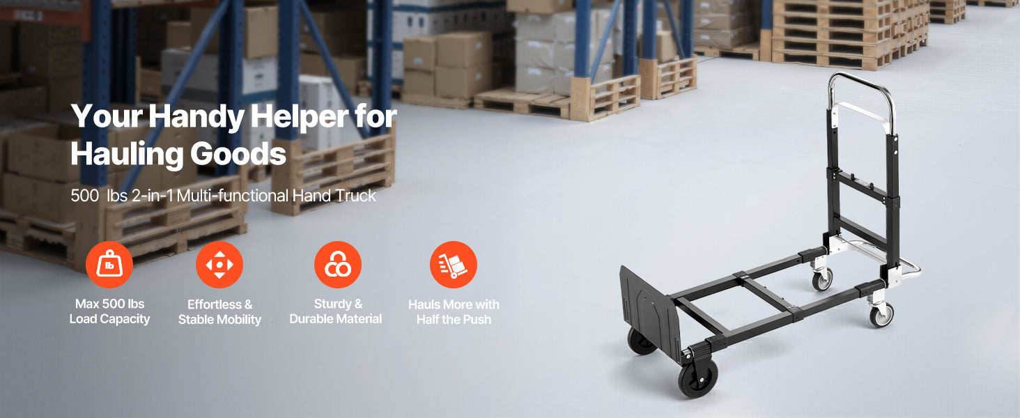 SucceBuy 2 in 1 Folding Hand Truck 500lb Load Capacity for 4-Wheel Mode Convertible Hand Truck Dolly with Wheels for Moving Home