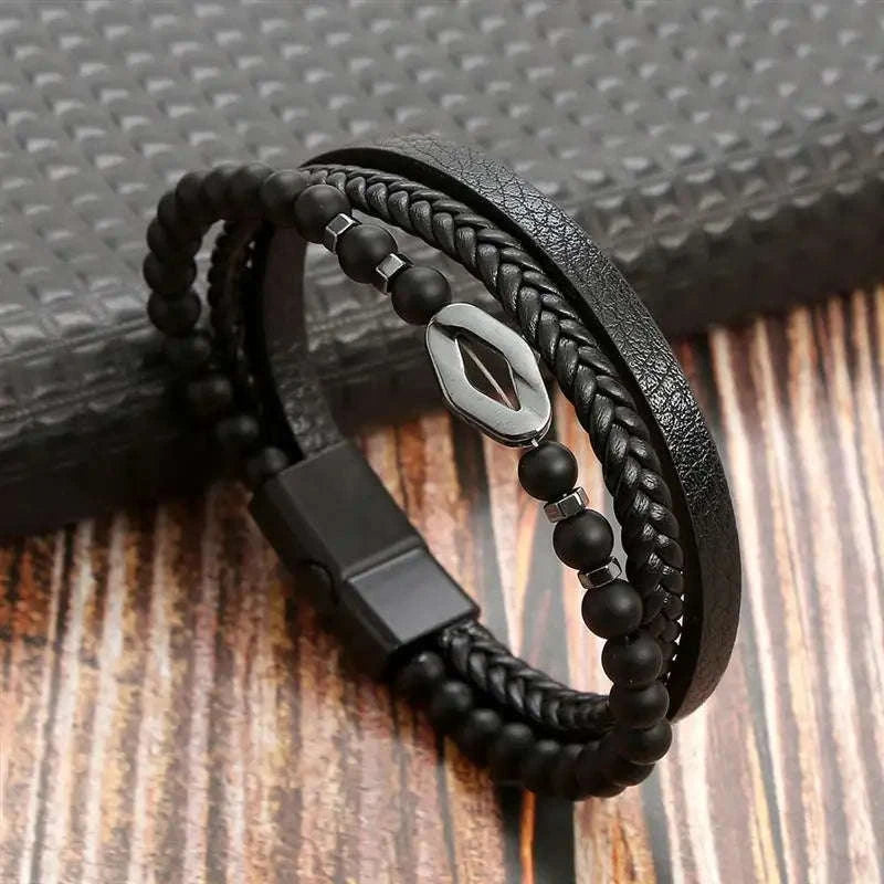 Hand-Woven Men's Leather Bracelet-L1 / 21cm