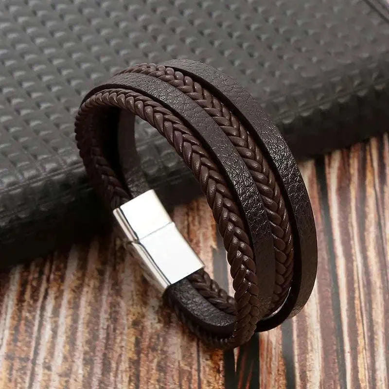 Hand-Woven Men's Leather Bracelet with Adjustable Fit-L1 / 21cm