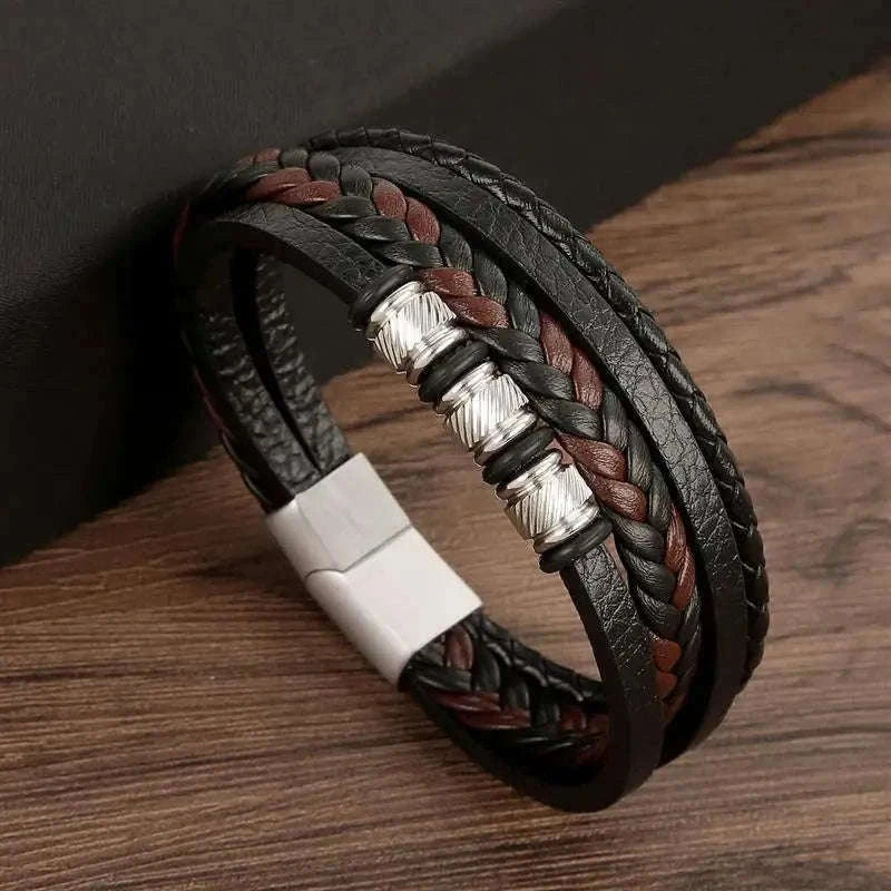 Hand-Woven Men's Leather Bracelet with Adjustable Fit-L1 / 21cm
