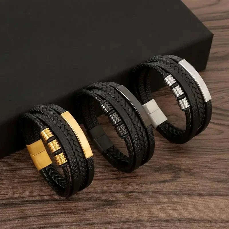 Hand-Woven Men's Leather Bracelet with Adjustable Fit-L1 / 21cm
