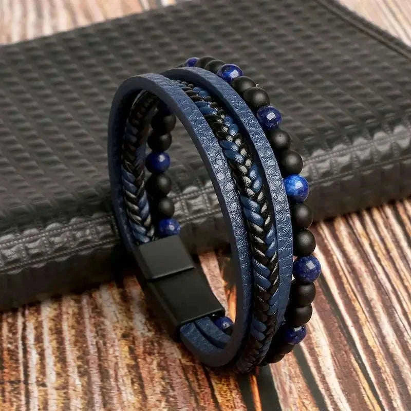 Hand-Woven Men's Leather Bracelet with Adjustable Fit-L1 / 21cm