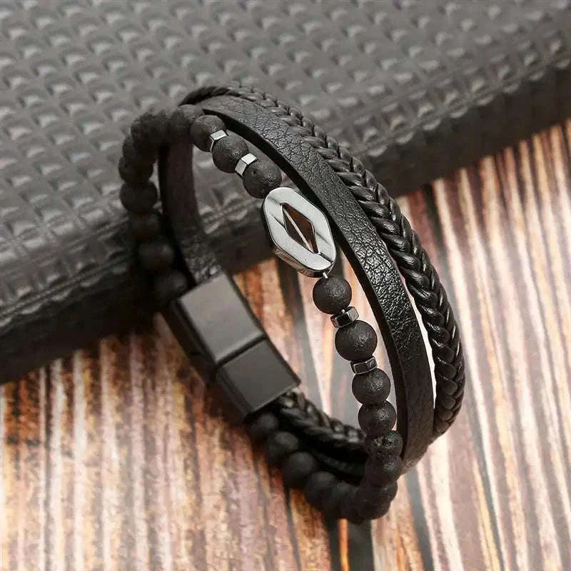 Hand-Woven Men's Leather Bracelet with Adjustable Fit-L1 / 21cm