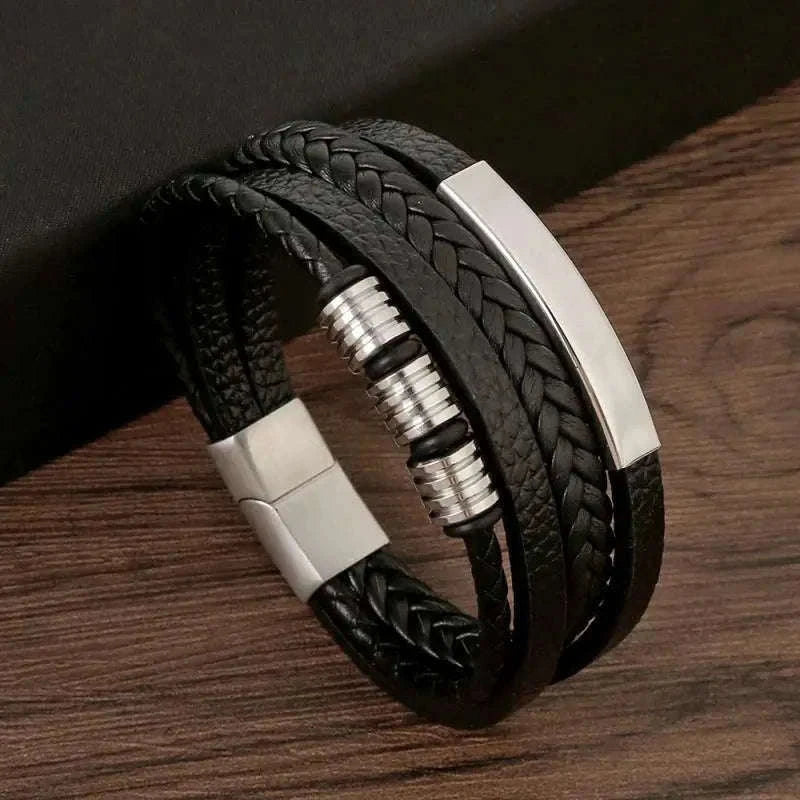 Hand-Woven Men's Leather Bracelet with Adjustable Fit-L1 / 21cm