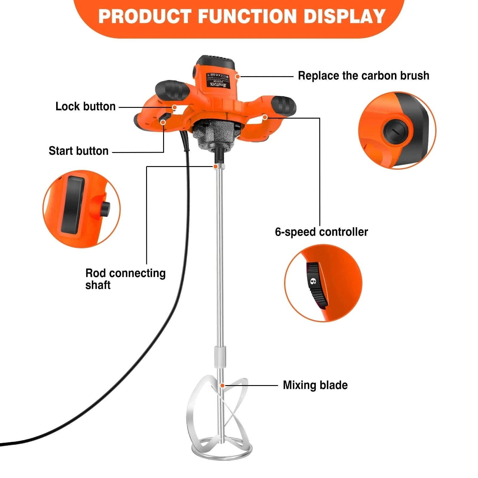 Handheld Paint Concrete Mixer with Adjustable 6-Speed Control-Orange / UNITED KINGDOM