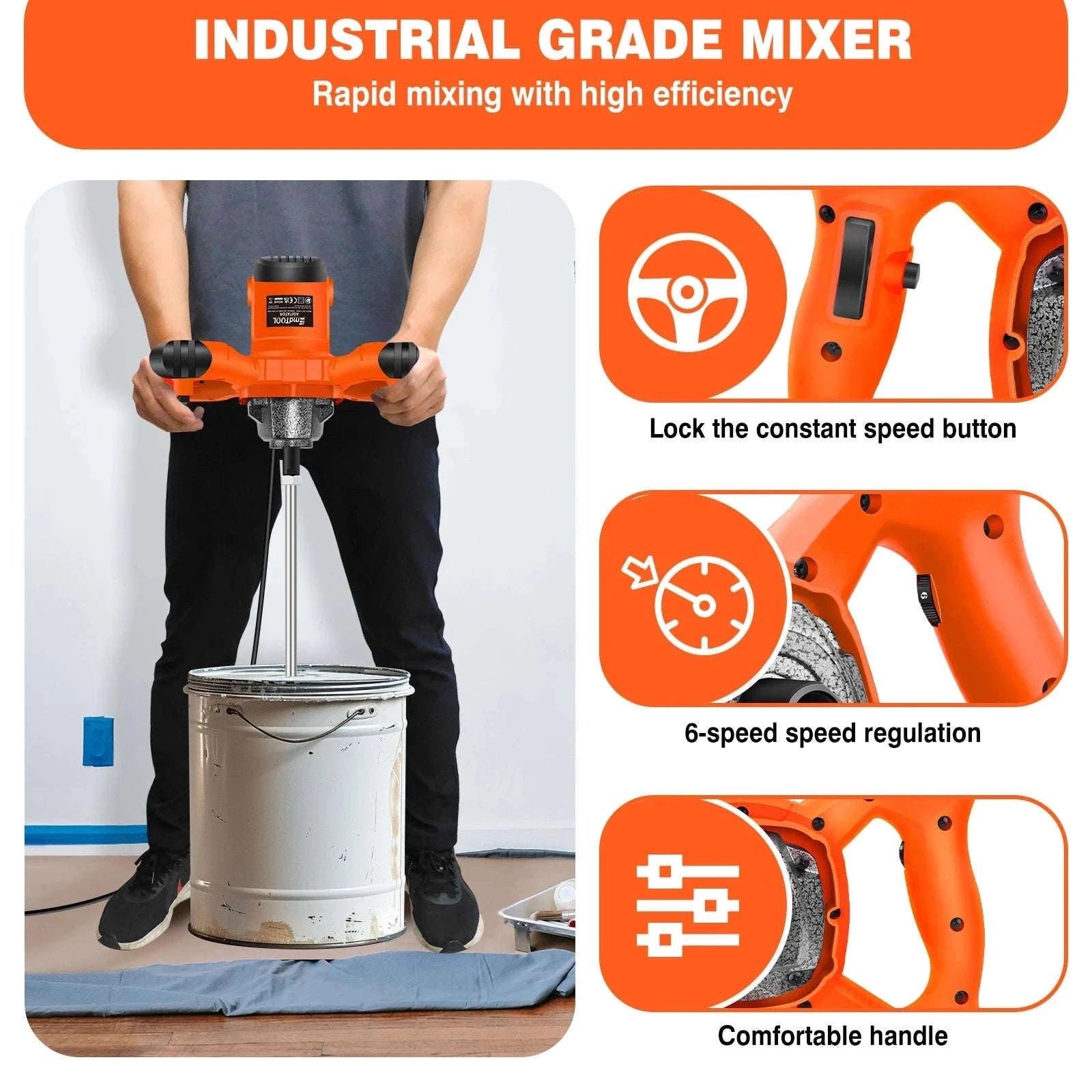 Handheld Paint Concrete Mixer with Adjustable 6-Speed Control-Orange / UNITED KINGDOM