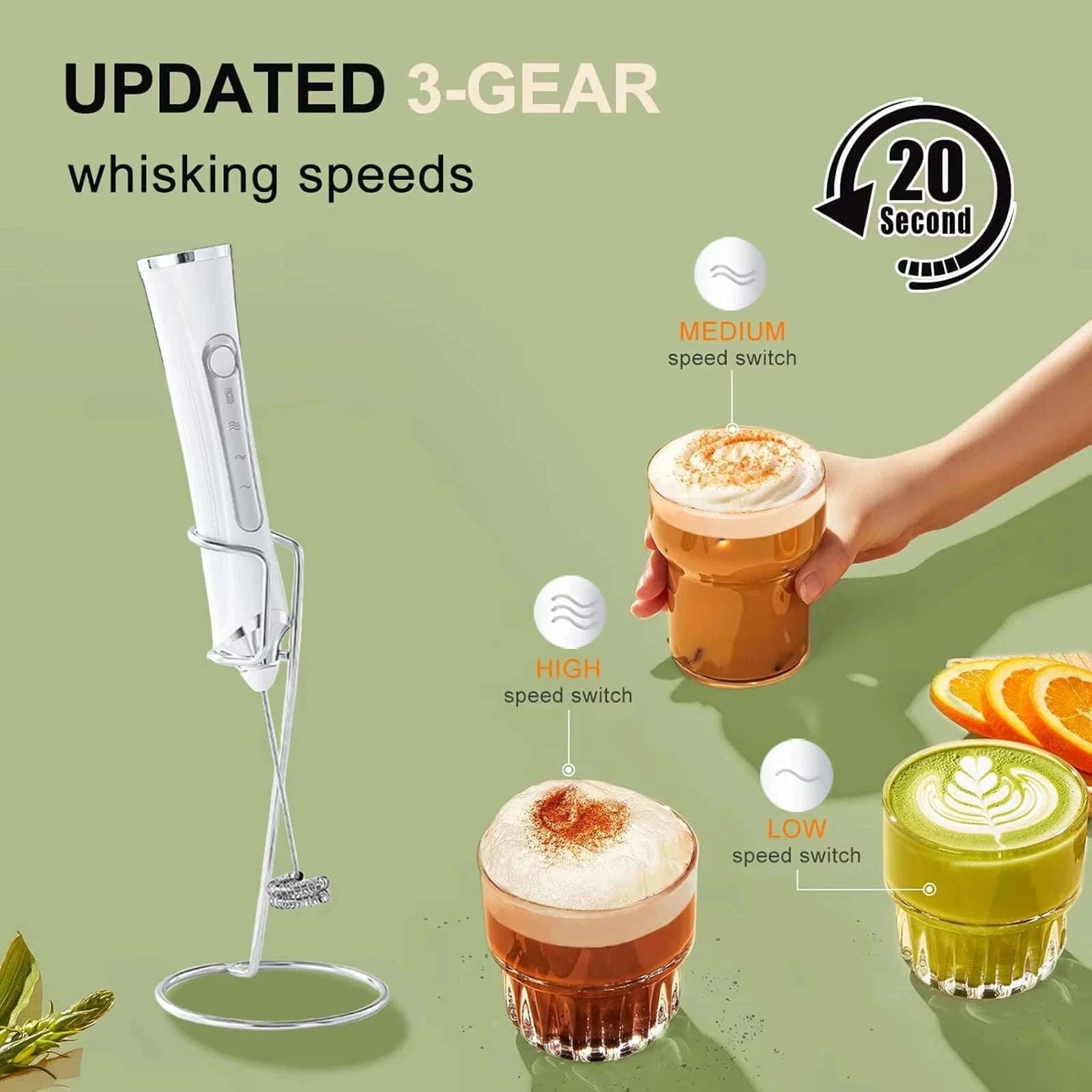 Handheld Rechargeable Milk Frother with 3 Whisks and 3 Speeds-United States / YELLOW
