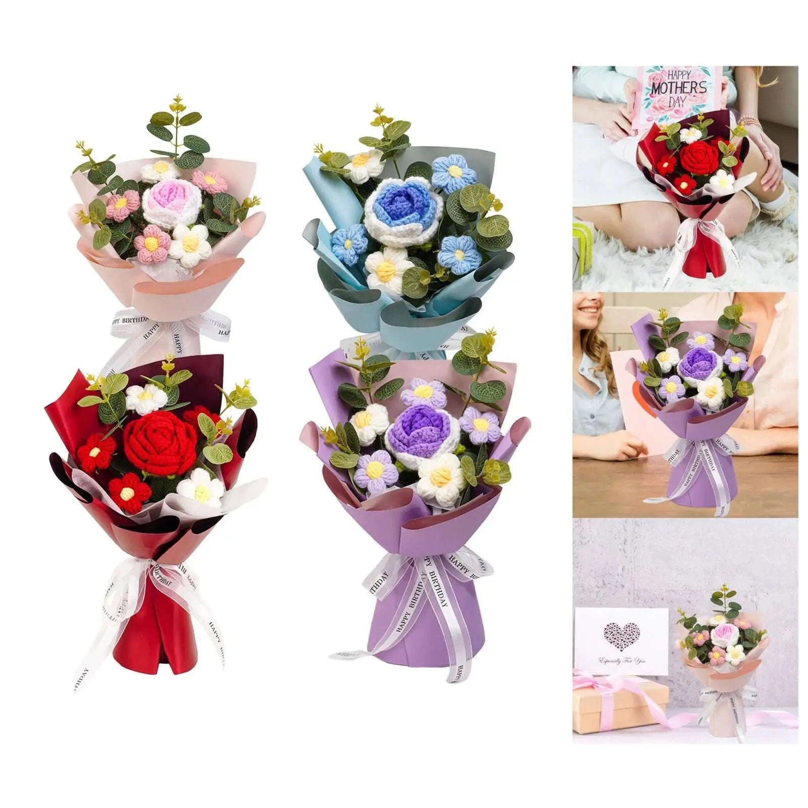 Handmade Crochet Flower Bouquet Knitted Floral Decoration-Blue 2