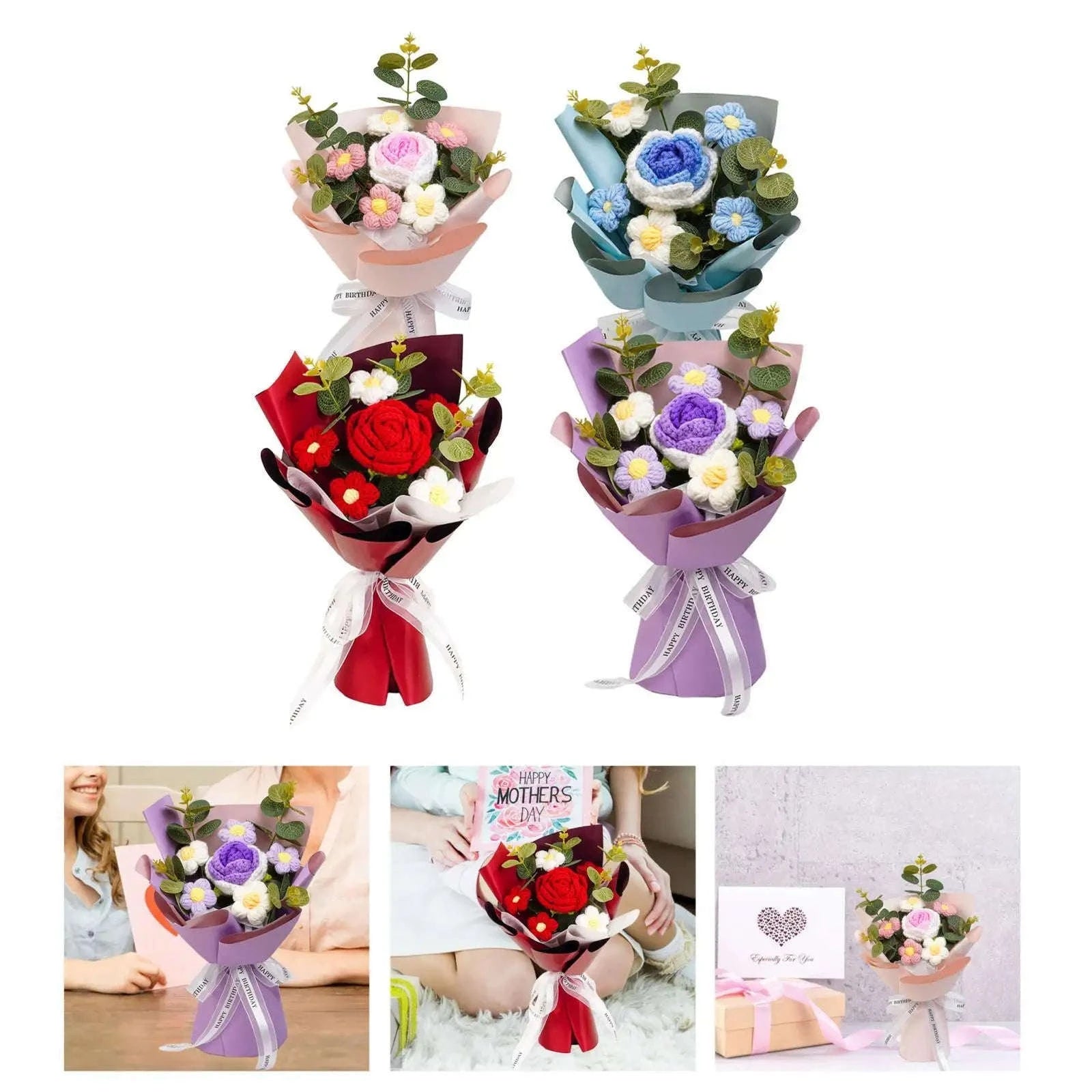 Handmade Crochet Flower Bouquet Knitted Floral Decoration-Blue 2