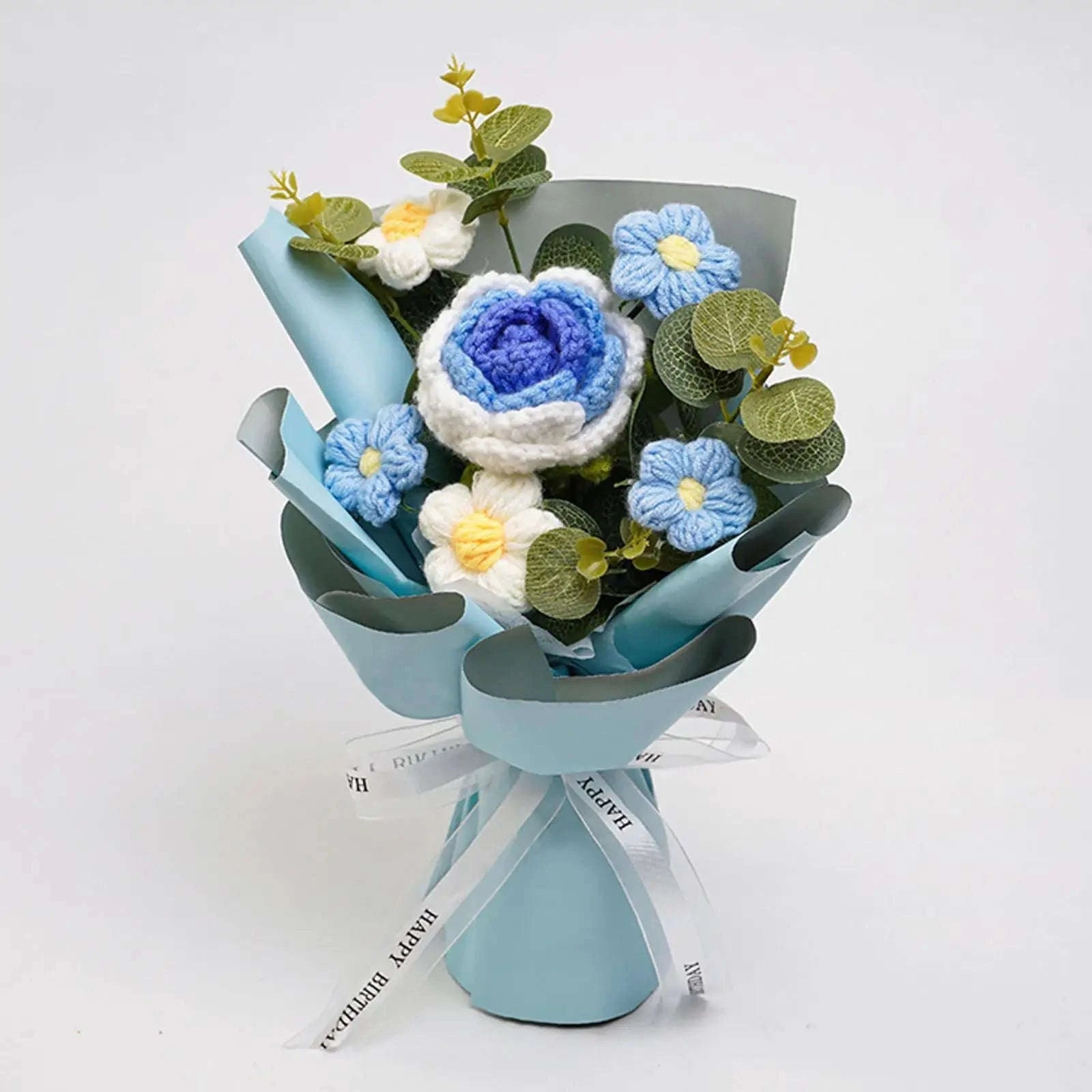 Handmade Crochet Flower Bouquet Knitted Floral Decoration-Blue 2