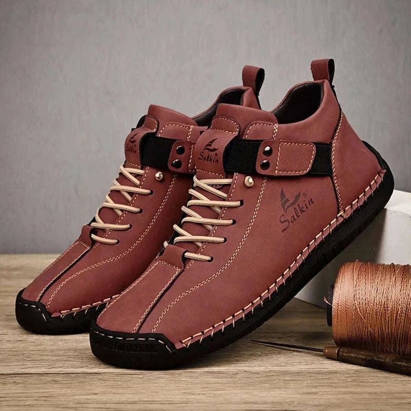 Handmade Leather Casual Men Shoes-Red / 39