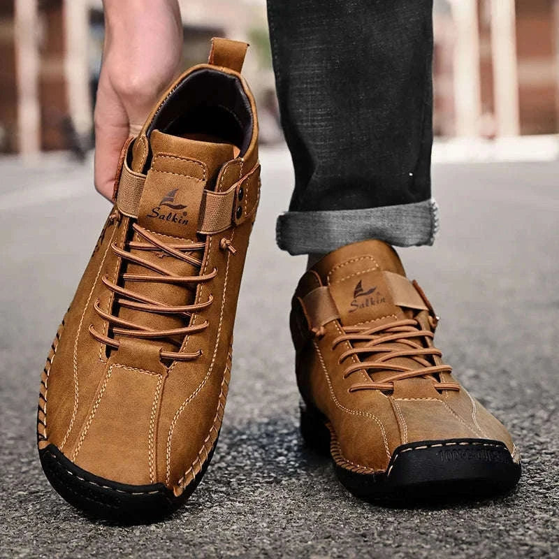 Handmade Leather Casual Men Shoes-Red / 39