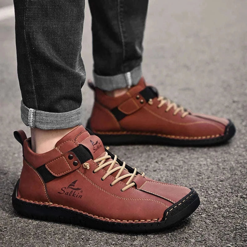 Handmade Leather Casual Men Shoes-Red / 39