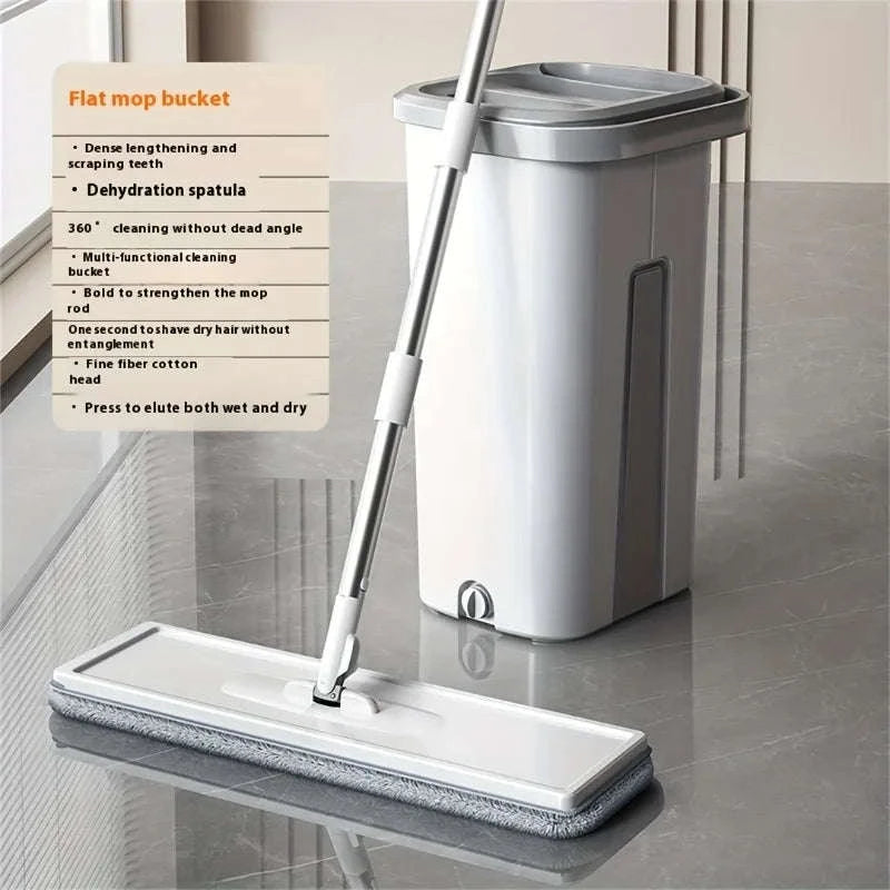Hands-Free Flat Mop and Bucket Set with 4 Reusable Microfiber Pads-United States / WHITE