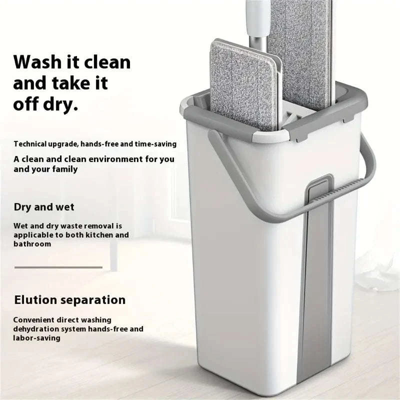 Hands-Free Flat Mop and Bucket Set with 4 Reusable Microfiber Pads-United States / WHITE