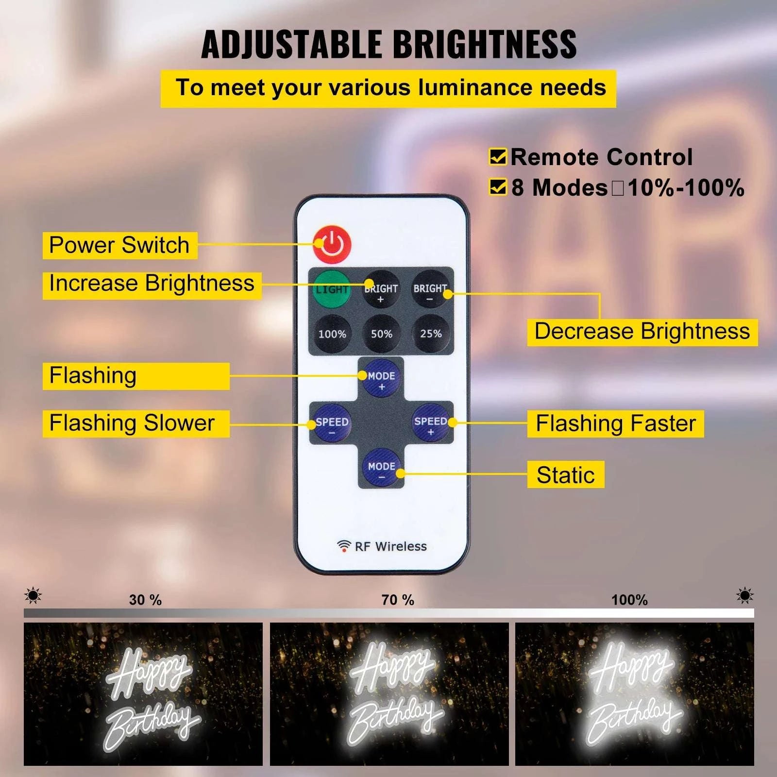 Happy Birthday LED Neon Sign with Remote & Adjustable Brightness-Warm White 31W / United States