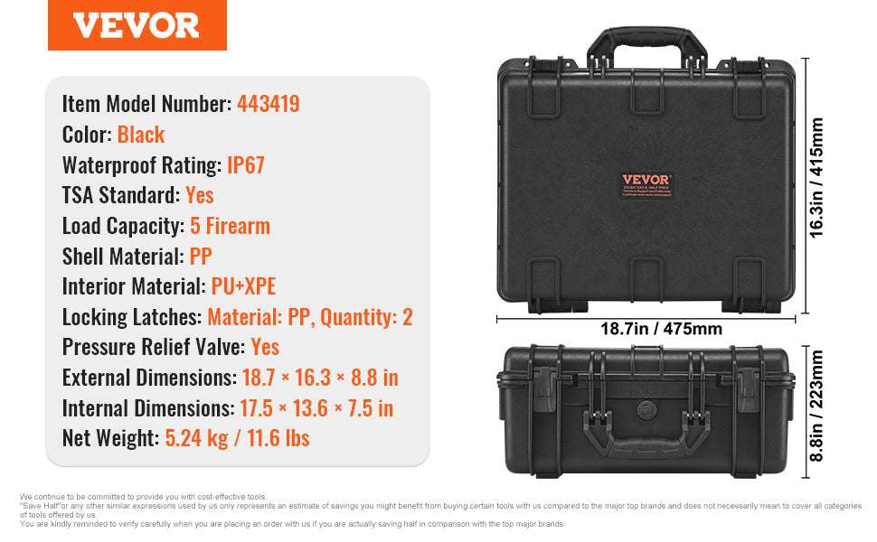 Hard Pistol Case with Pre-Cut Foam IP67 Waterproof TSA Lockable-19.3x17.1x8.3in Foam / United States
