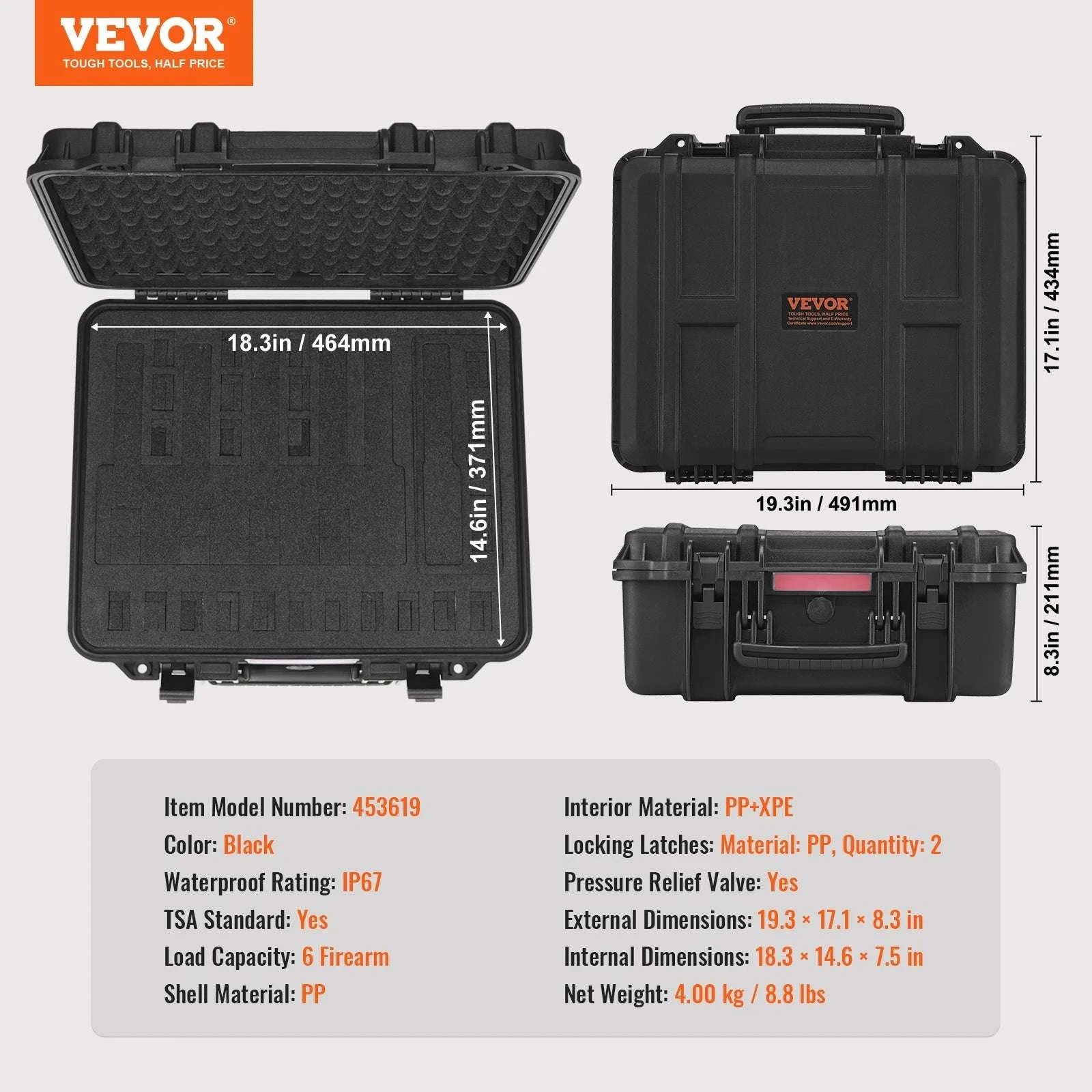 Hard Pistol Case with Pre-Cut Foam IP67 Waterproof TSA Lockable-19.3x17.1x8.3in Foam / United States