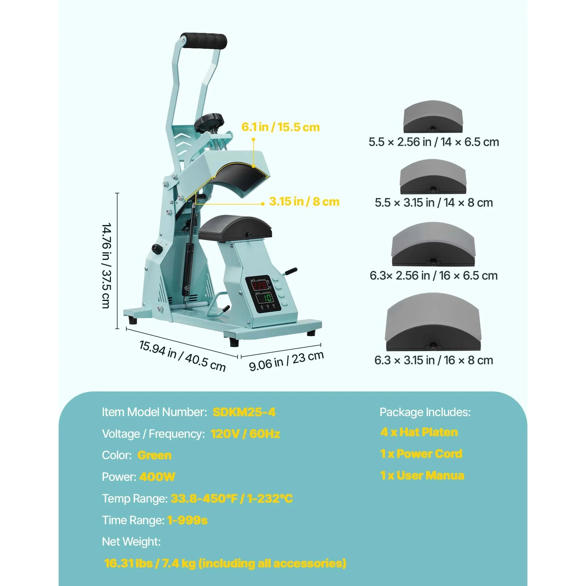 Hat Heat Press Machine with Interchangeable Platens-Green 4in1 / france