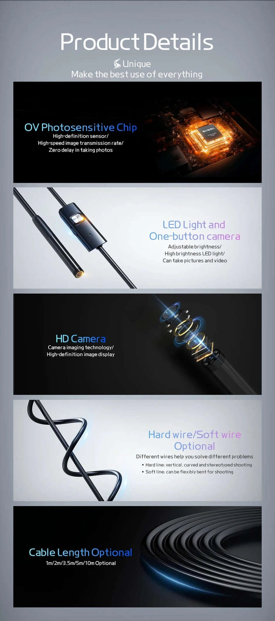 HD Waterproof Endoscope Camera with Semi‑Rigid Cable for Tight‑Space Inspection-1080P 8MM soft wire / 3m