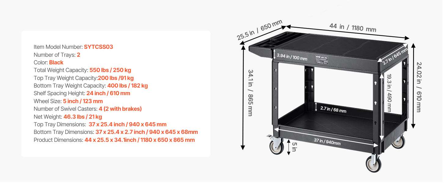 Heavy Duty 2-Tier Utility Cart with 550 lb Capacity & Swivel Wheels-44 x 25 x 34 in / france