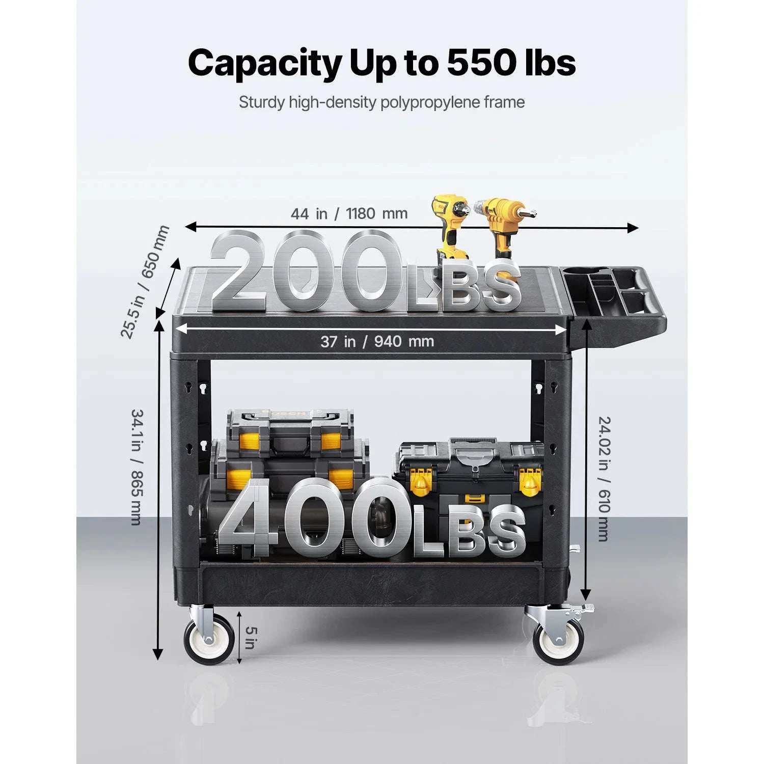 Heavy Duty 2-Tier Utility Cart with 550 lb Capacity & Swivel Wheels-44 x 25 x 34 in / france