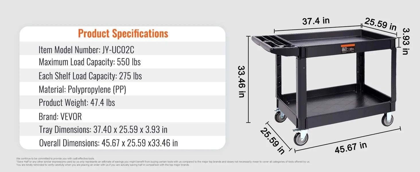 Heavy-Duty 3-Tier Utility Cart with 360° Wheels & 550 lb Capacity-C / United States