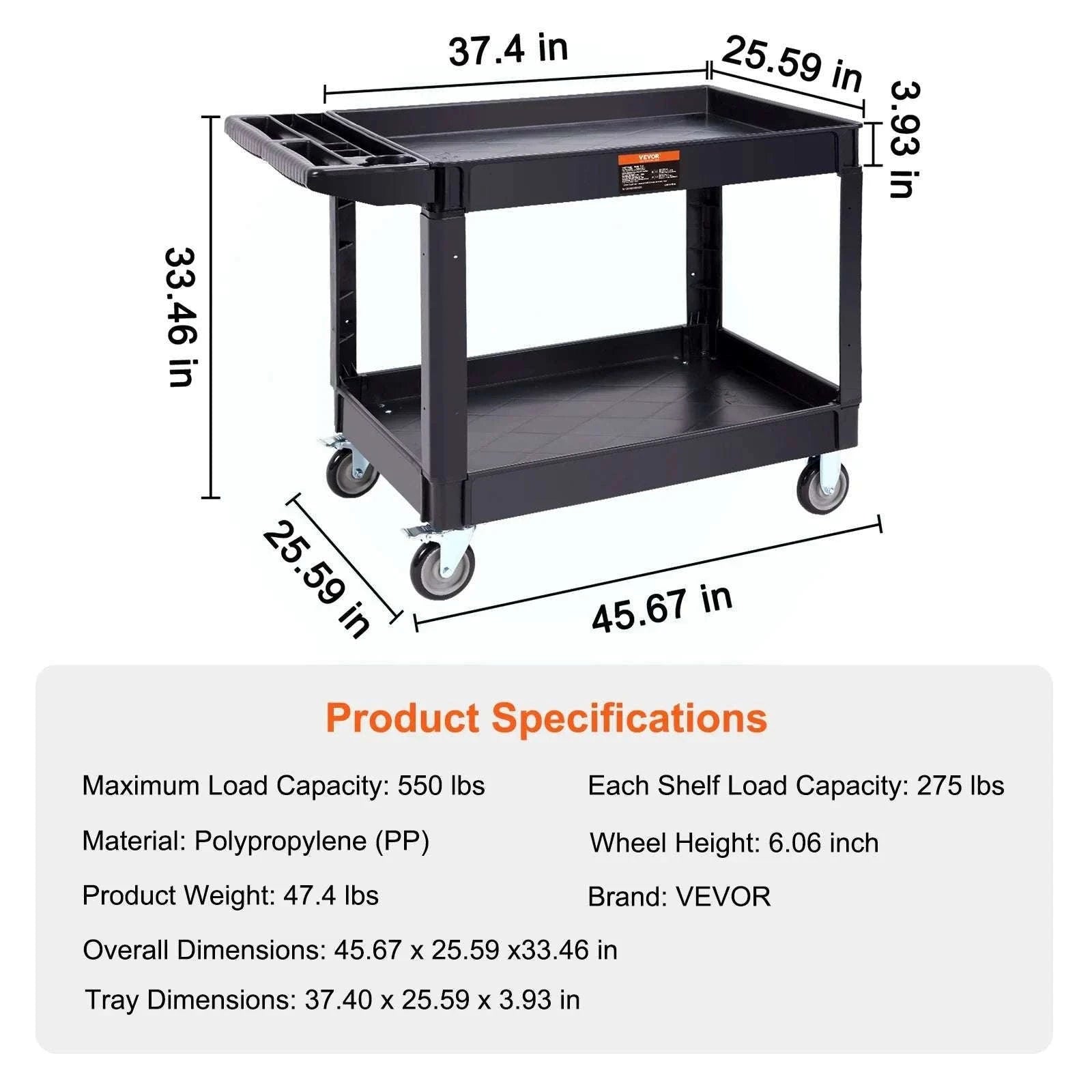 Heavy-Duty 3-Tier Utility Cart with 360° Wheels & 550 lb Capacity-C / United States