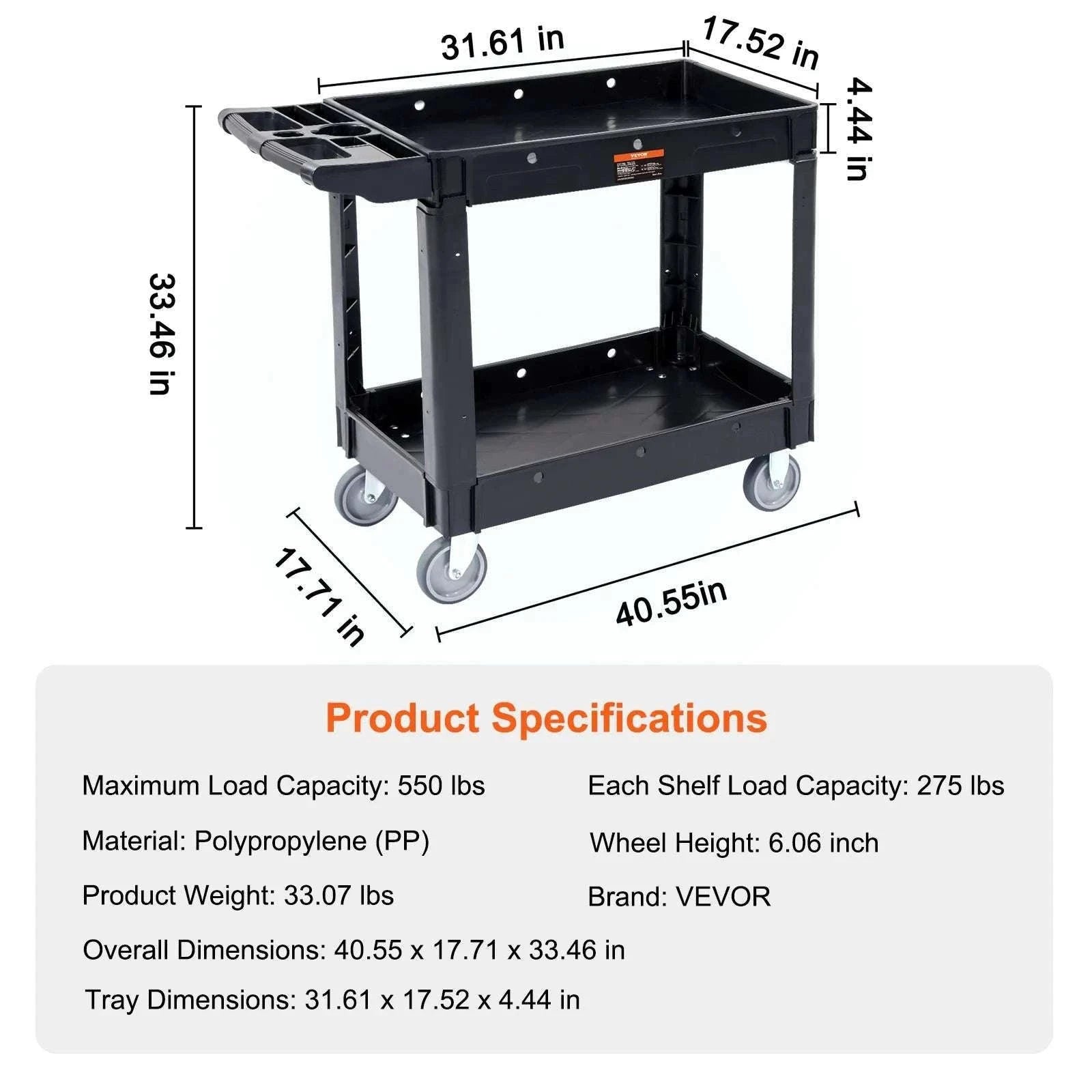 Heavy-Duty 3-Tier Utility Cart with 360° Wheels & 550 lb Capacity-C / United States
