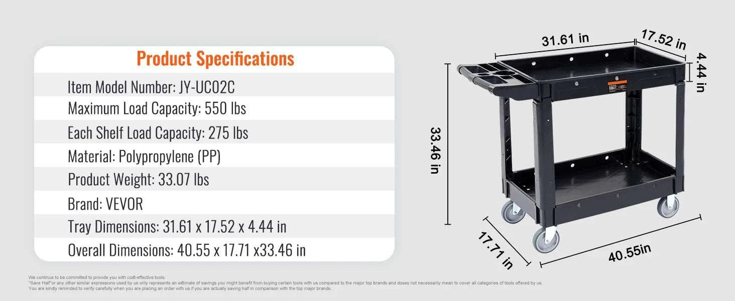 Heavy-Duty 3-Tier Utility Cart with 360° Wheels & 550 lb Capacity-C / United States