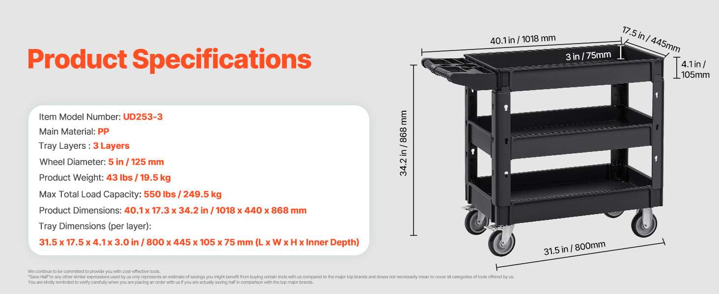Heavy-Duty 3-Tier Utility Cart with 360° Wheels & 550 lb Capacity-C / United States
