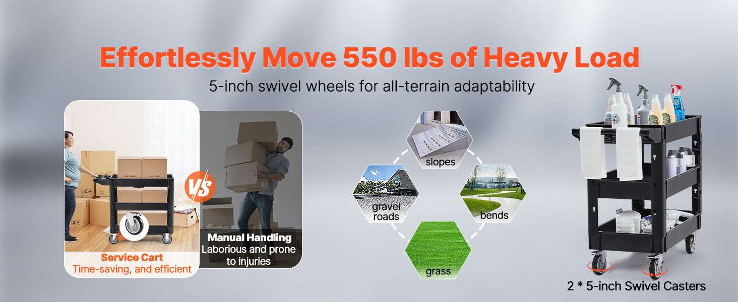 Heavy-Duty 3-Tier Utility Cart with 360° Wheels & 550 lb Capacity-C / United States
