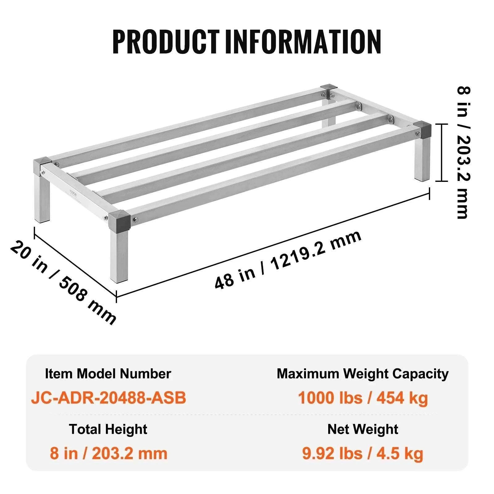 Heavy-Duty Aluminum Dunnage Rack 1000 lb Floor Storage Shelf-48 x 14 x 8 in / GERMANY