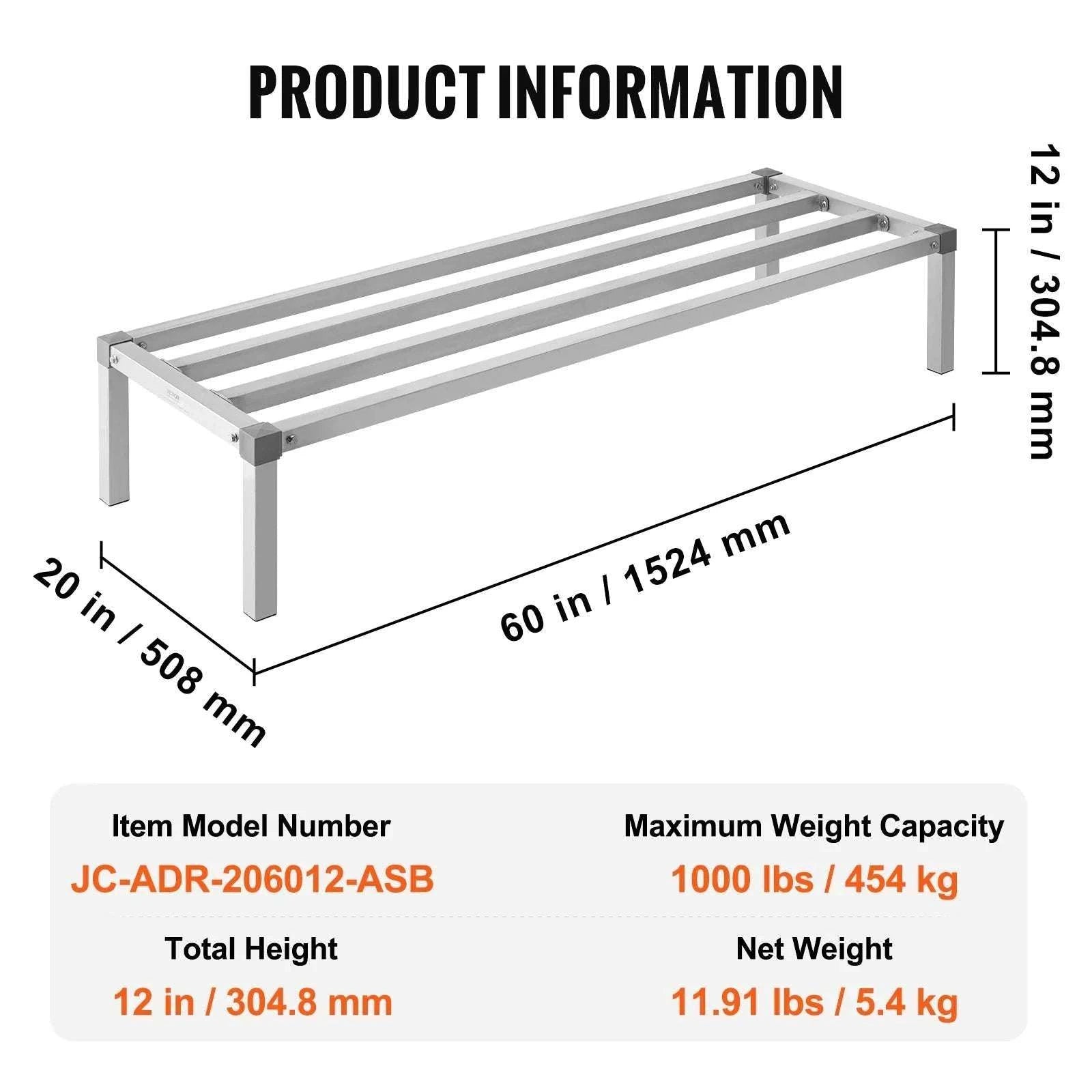 Heavy-Duty Aluminum Dunnage Rack 1000 lb Floor Storage Shelf-48 x 14 x 8 in / GERMANY
