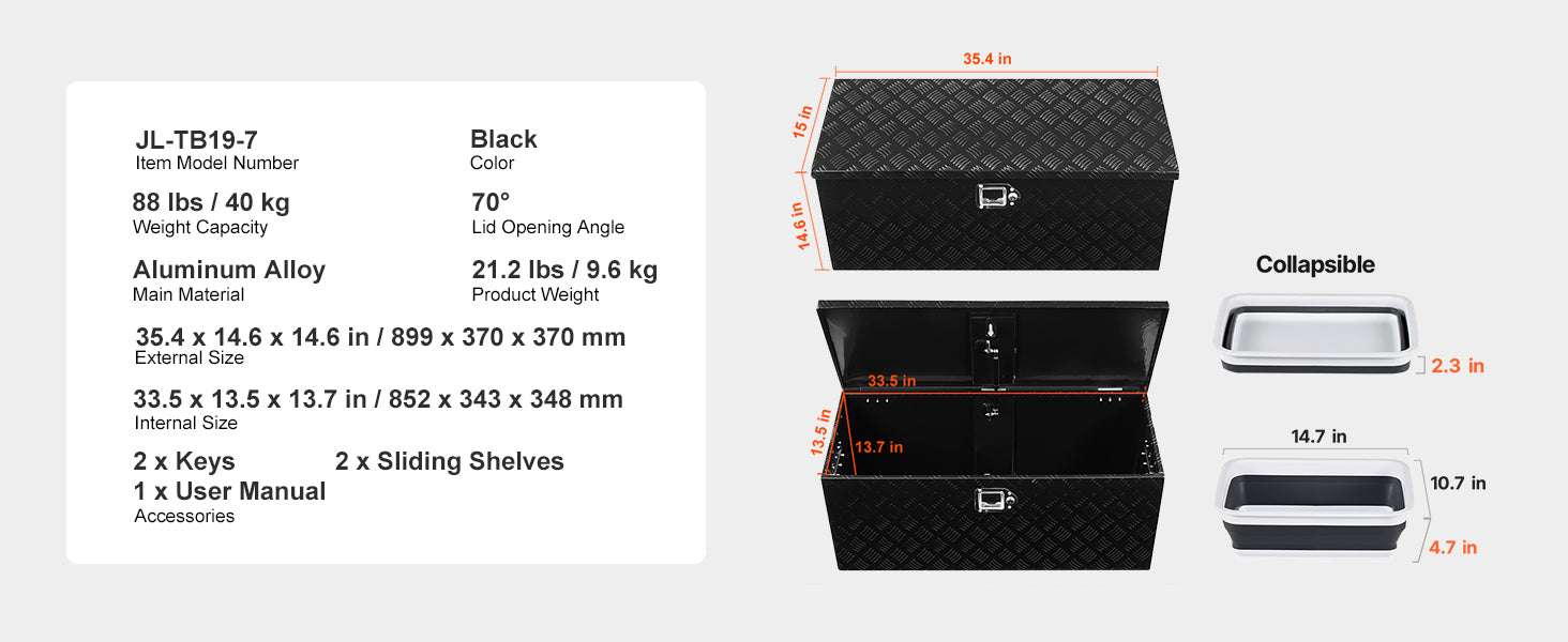 Heavy Duty Aluminum Truck Bed Tool Box with Lockable Storage-30x13x13inch / United States