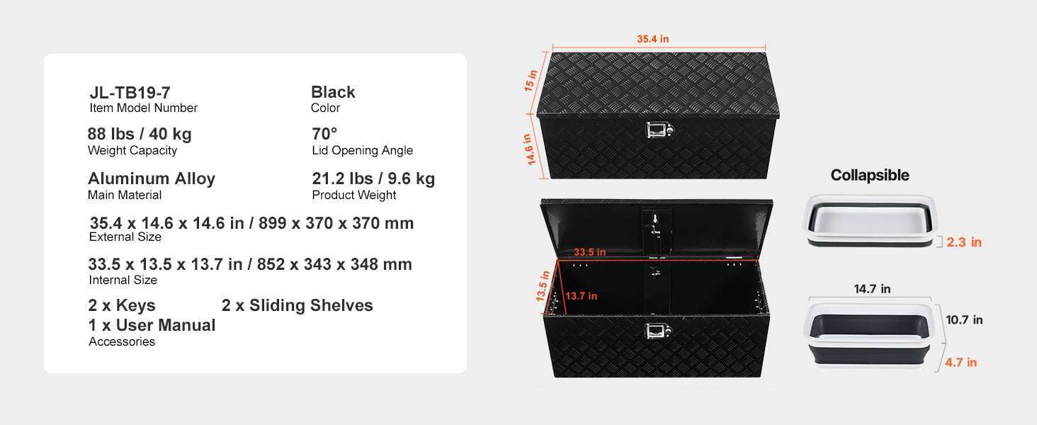 Heavy Duty Aluminum Truck Bed Tool Box with Lockable Storage-30x13x13inch / United States