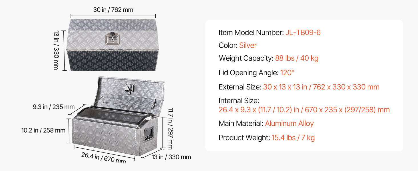 Heavy Duty Aluminum Truck Bed Tool Box with Lockable Storage-30x13x13inch / United States
