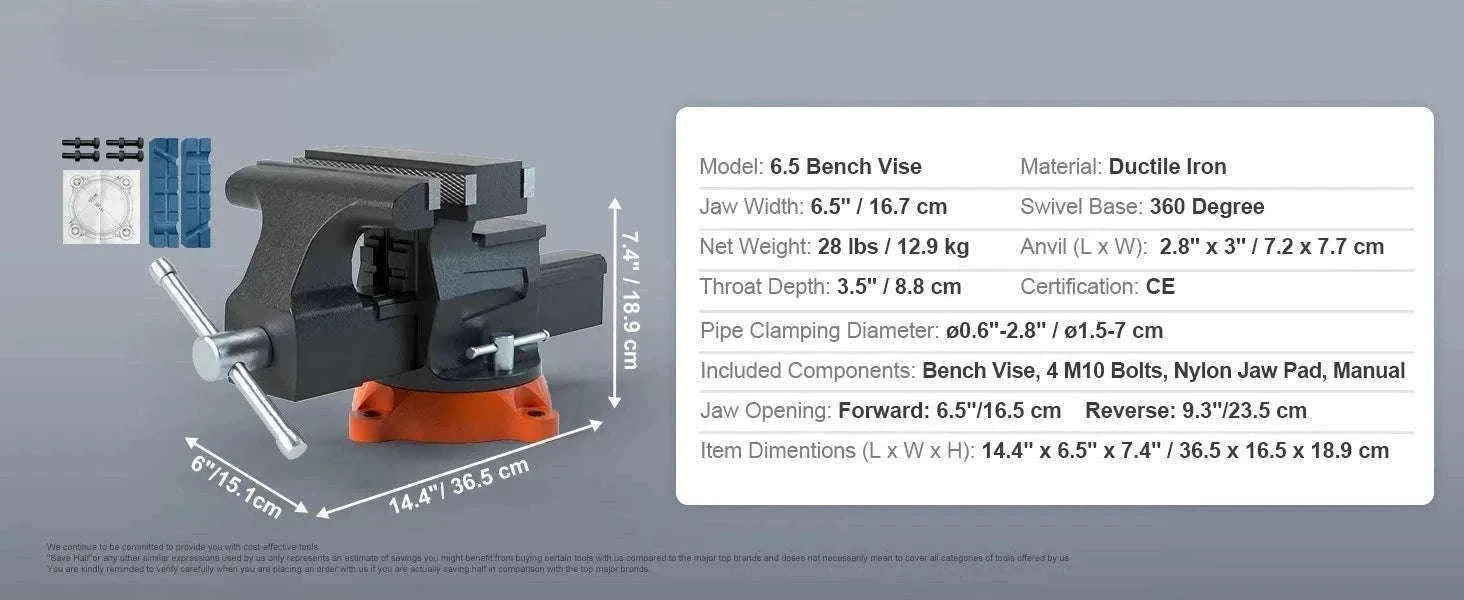 Heavy Duty Bench Vise with Swivel Base & Anvil (4.5"–6.5")-6.5 inch / france