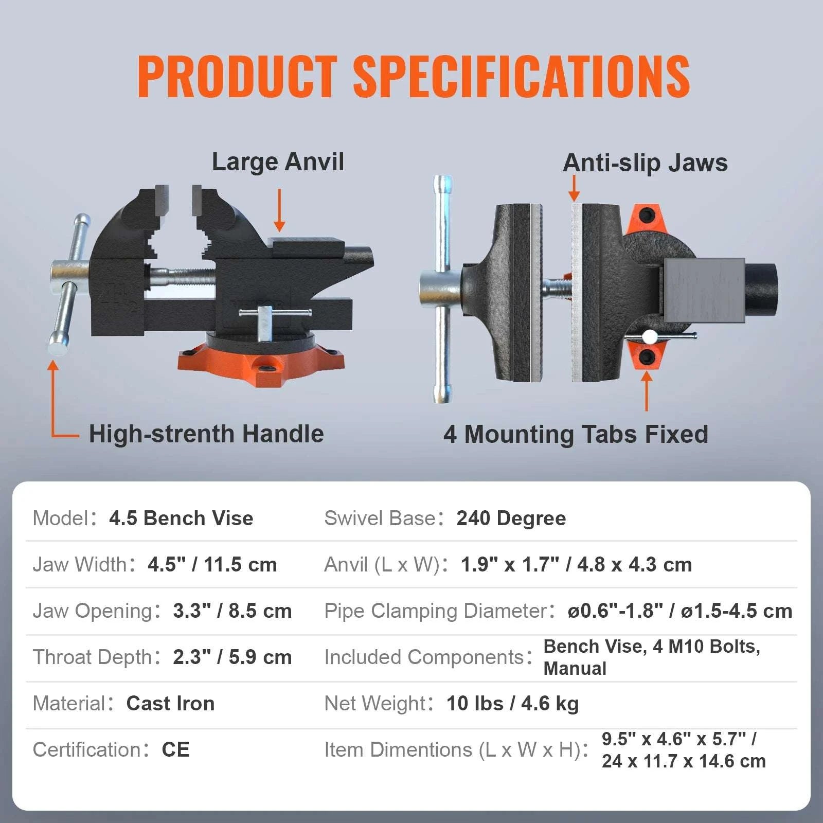 Heavy Duty Bench Vise with Swivel Base & Anvil (4.5"–6.5")-6.5 inch / france