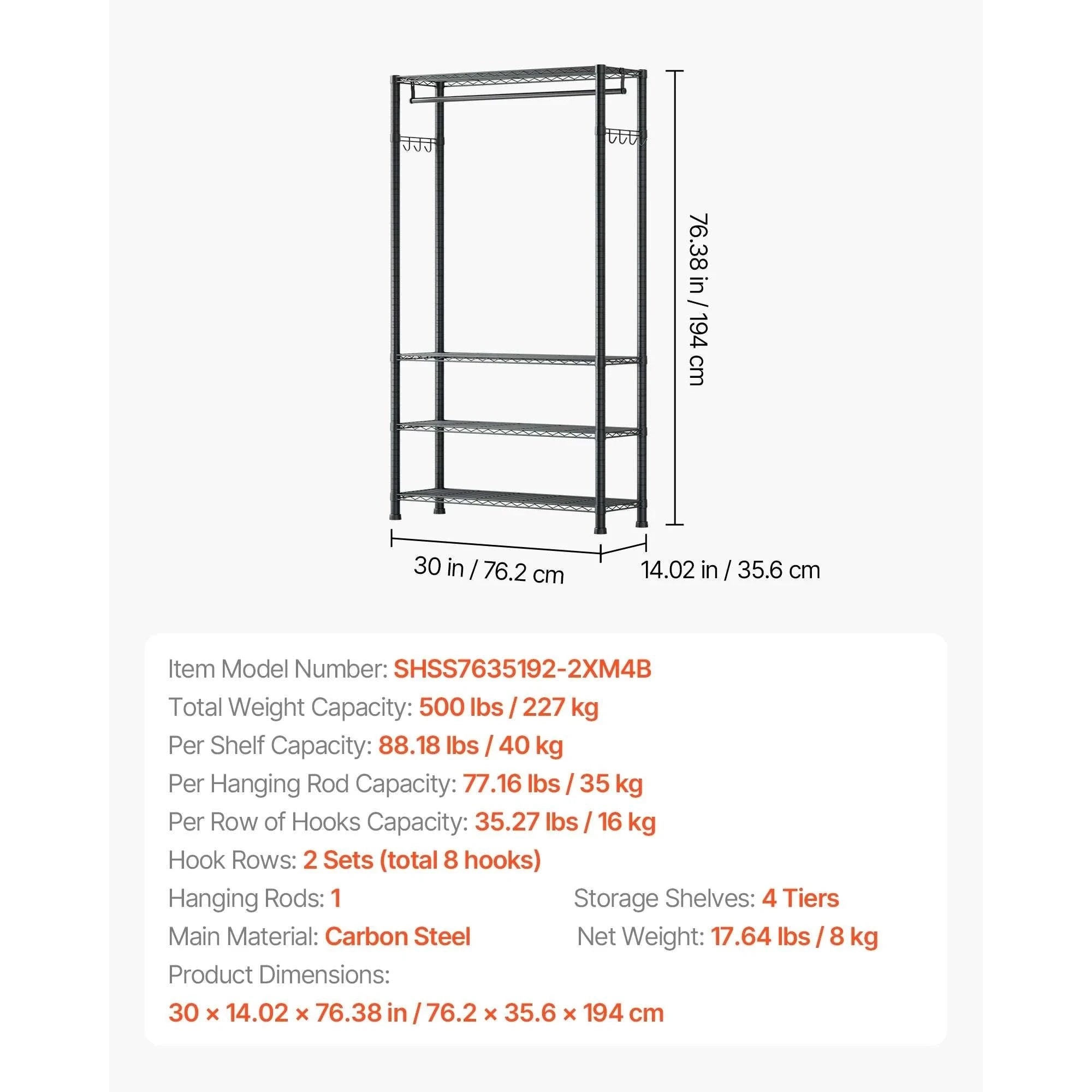 Heavy Duty Clothes Rack with Adjustable Shelves & 450–500 lb Load-2 Hanging Rods / United States
