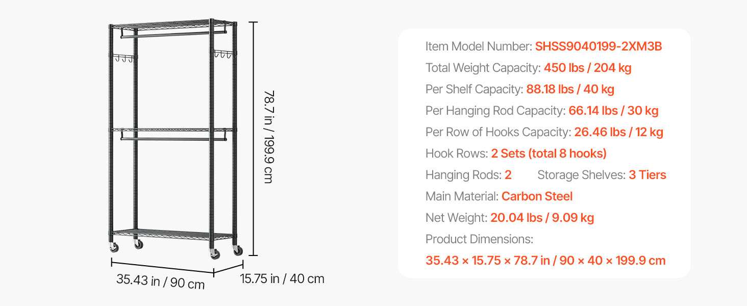 Heavy Duty Clothes Rack with Adjustable Shelves & 450–500 lb Load-2 Hanging Rods / United States