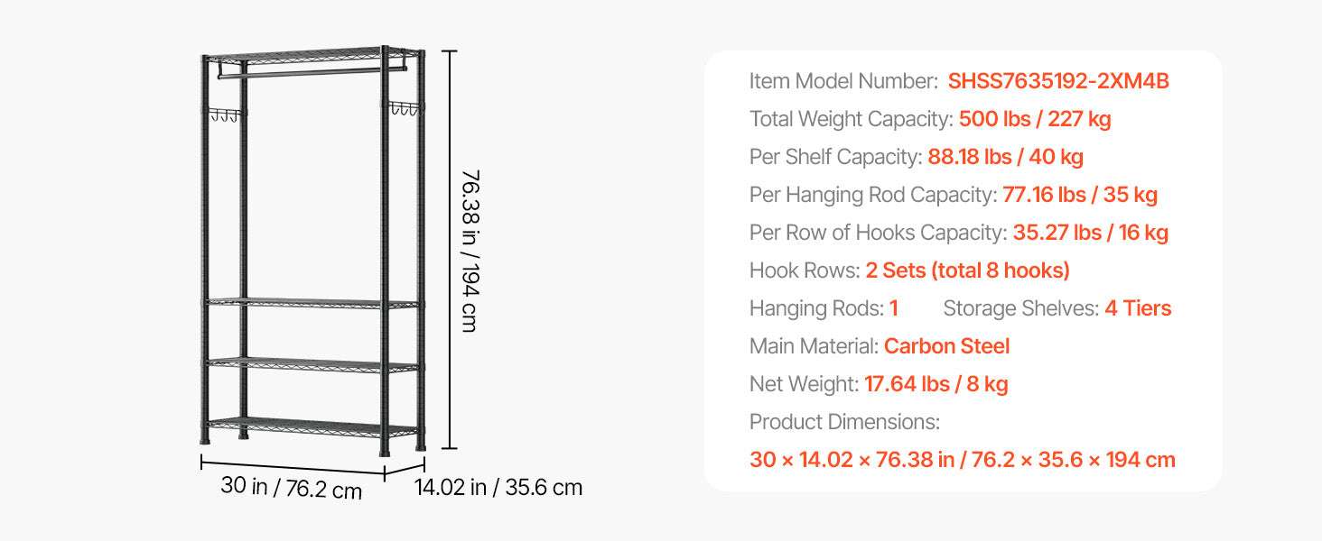 Heavy Duty Clothes Rack with Adjustable Shelves & 450–500 lb Load-2 Hanging Rods / United States