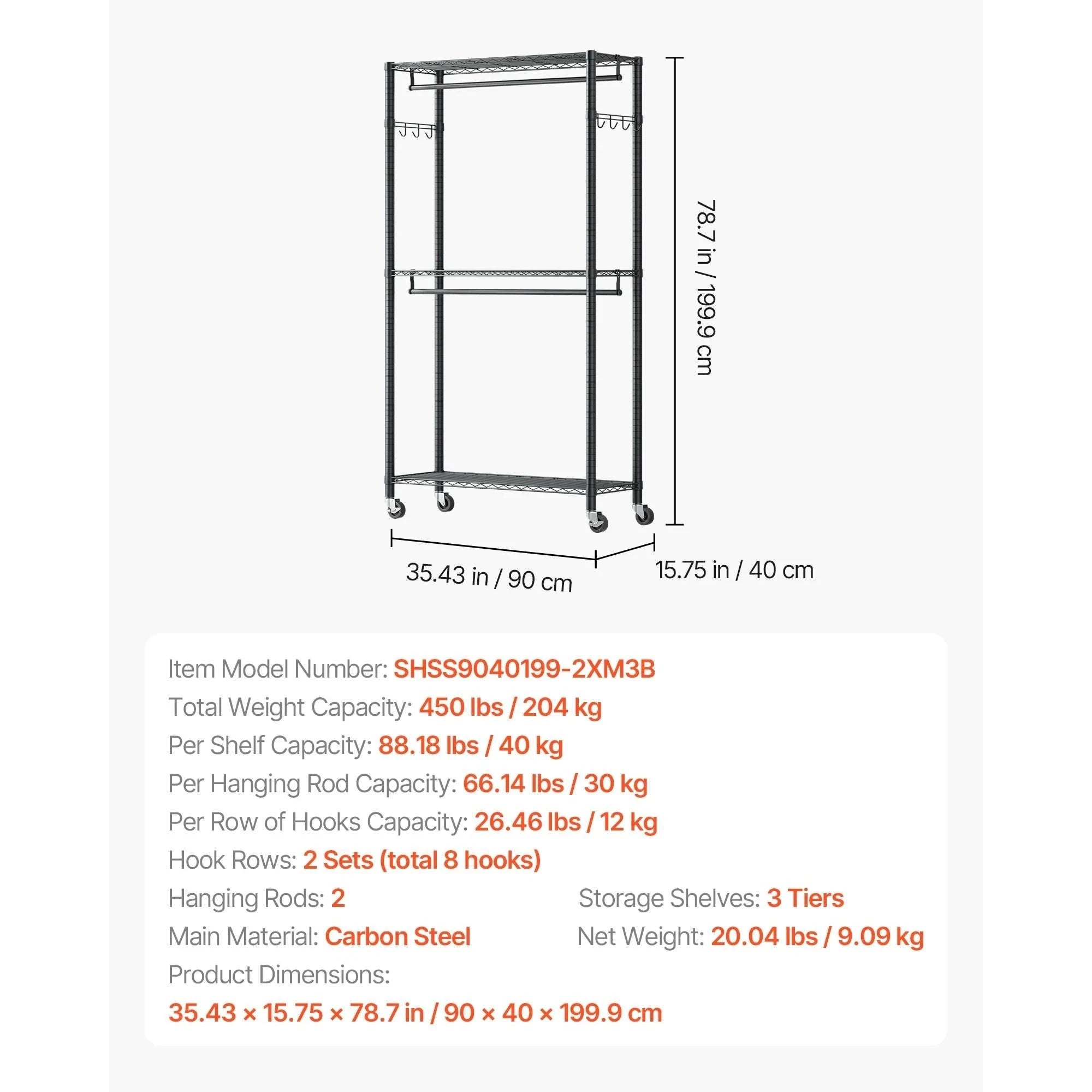Heavy Duty Clothes Rack with Adjustable Shelves & 450–500 lb Load-2 Hanging Rods / United States