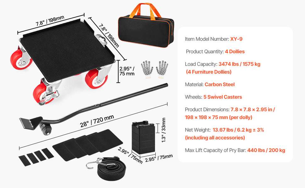 Heavy Duty Furniture Dolly Set 3474Lbs with 360° Wheels & Brakes-4pcs / CZECH REPUBLIC