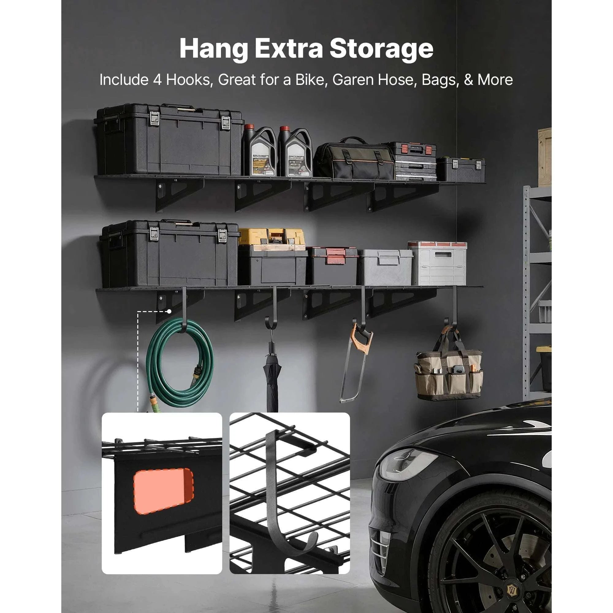 Heavy Duty Garage Wall Shelves 2-Pack 500 lbs Each with Hooks-24x72inch / United States