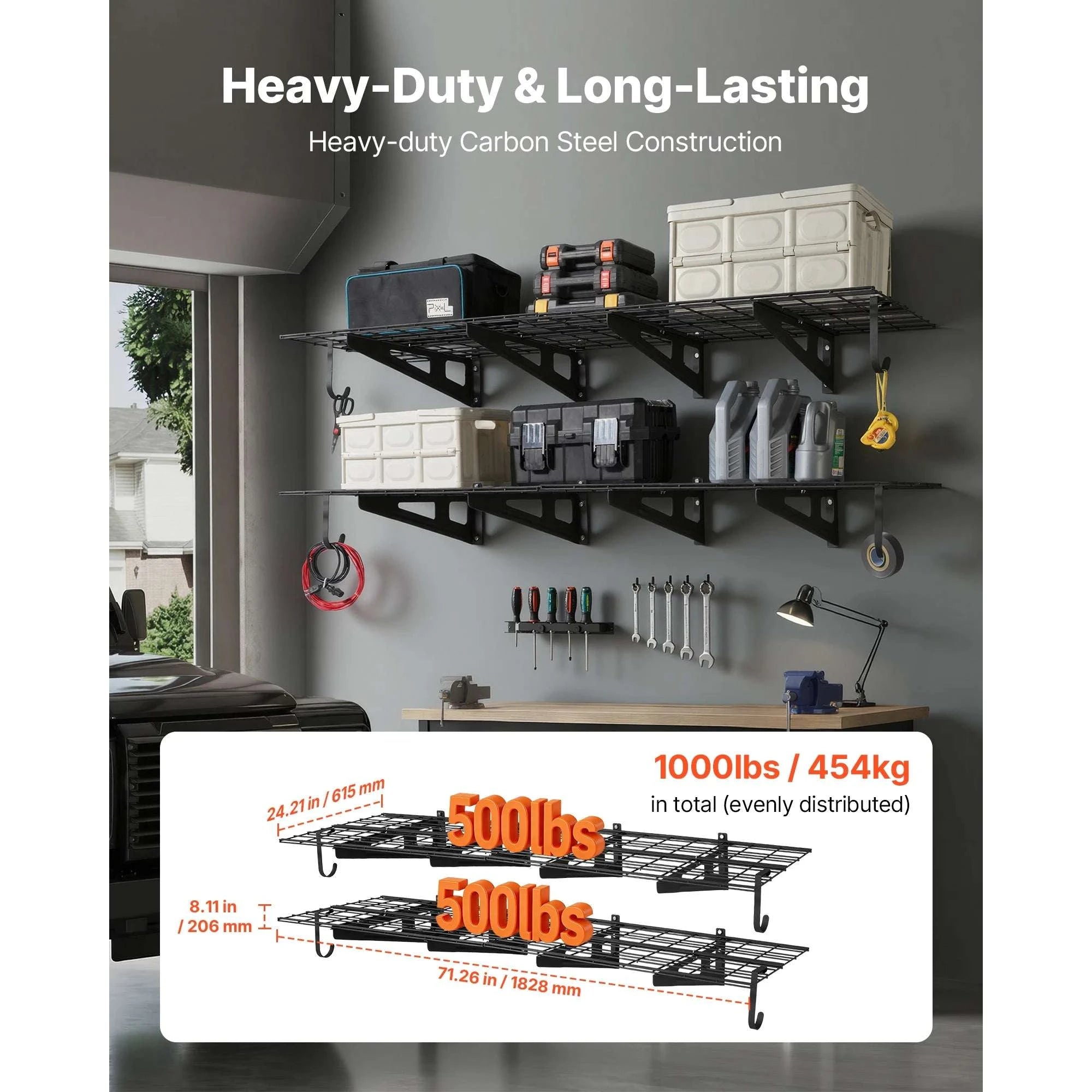 Heavy Duty Garage Wall Shelves 2-Pack 500 lbs Each with Hooks-24x72inch / United States