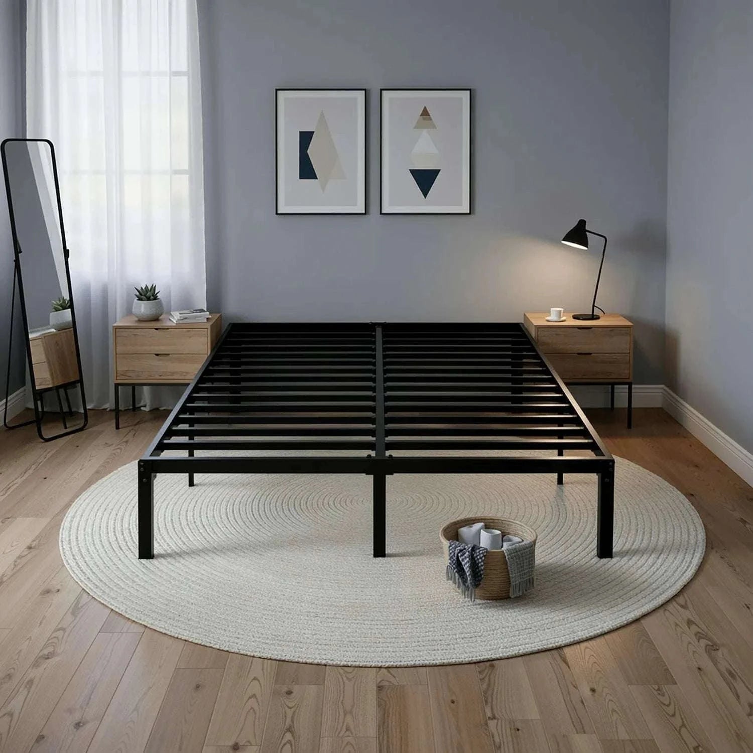 Heavy-Duty Metal Bed Frame with 14" Storage, No Box Spring-Black / King / United States